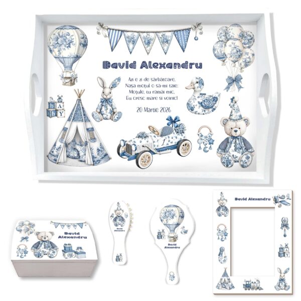 Blue Toile Baby Set Tavita Mot Personalizata