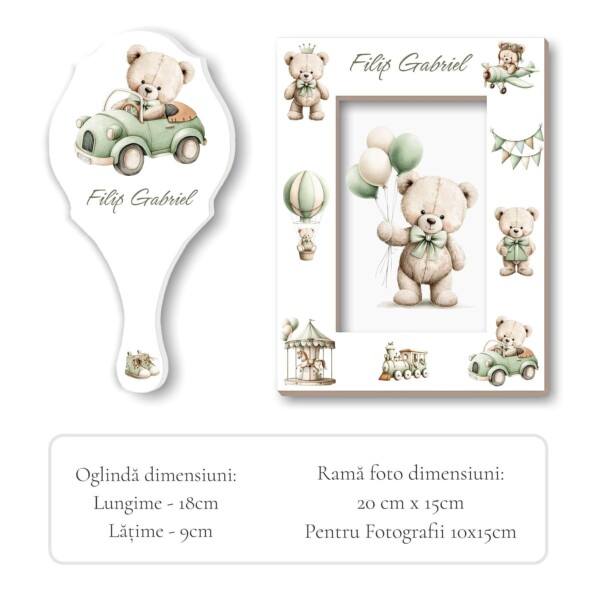 Oglinda si rama foto set mot baieti green teddy