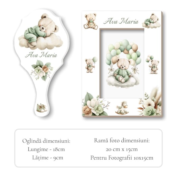 Oglinda si rama foto set mot fetite Green Teddy