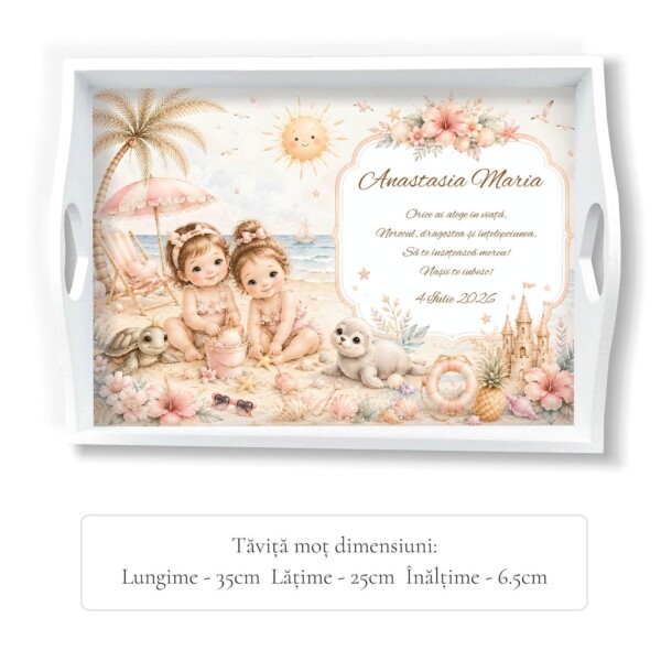 Set de moț personalizat pentru fetițe Summer Dream. Tăviță pentru ruperea turtei cu oglindă, perie, cutiuță pentru șuviță și ramă foto personalizată.